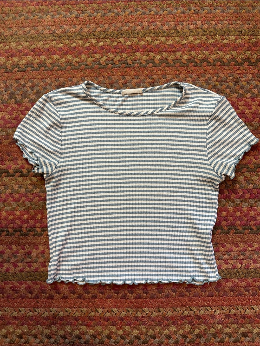 FULL TILT Striped Blue and White Ribbed Crop Tee stretch